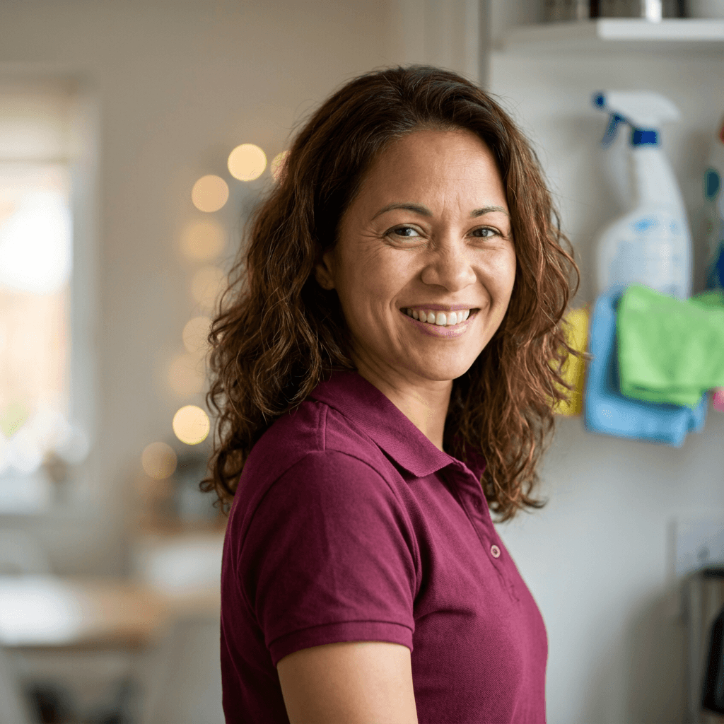 Maria Santos, homeowner showcasing new windows