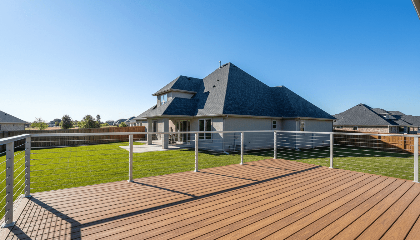 Newly built composite deck with aluminum railing in a residential backyard