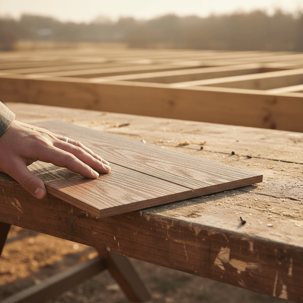 Hand touching a composite deck board sample with wood grain texture
