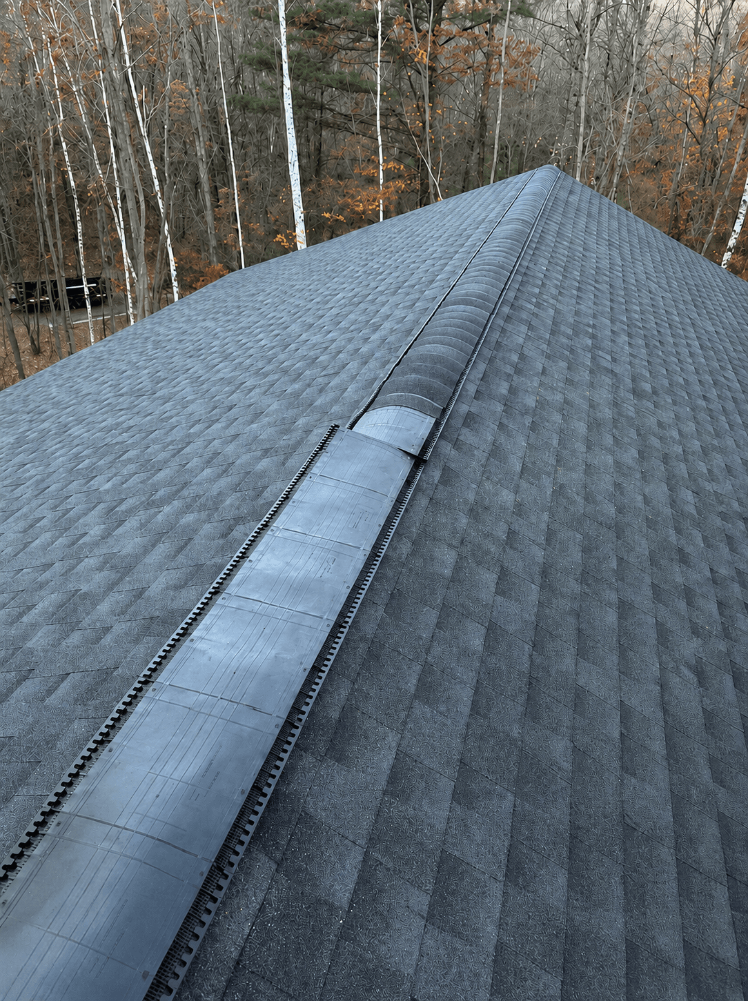 Dark grey asphalt shingle roof with a ridge vent installation overlooking a wooded area.