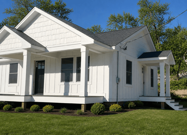 Modern white house with a black roof, front porch, and small shrubs on green lawn.
