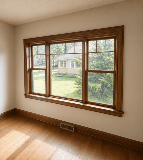 Large wood-trimmed window in an empty room overlooking a green yard and neighboring house.